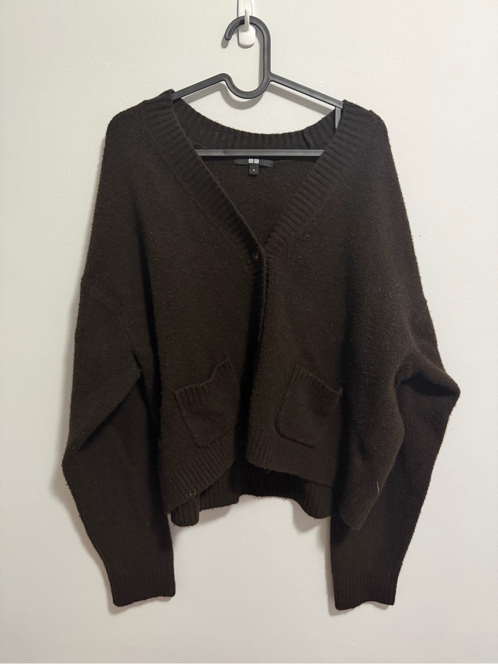 Dark Brown Uniqlo Soufflé Yarn V Neck Short Cardigan